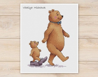 Teddy Bear Cross Stitch Pattern Dad and Son Baby Boy Nursery For Kids Room Cute Animal Child Shoes Art Counted PDF Instant Download