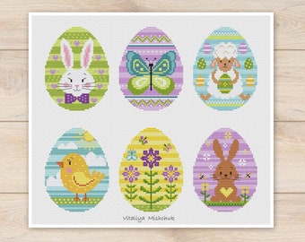 Easter Egg Cross Stitch Patterns Bunny Ornaments Set 6 For Kids Nursery Spring Holiday Easy Simple Beginner Happy PDF Instant Download