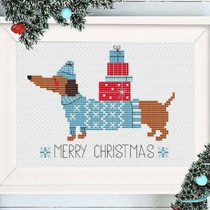 Christmas Dog Cross Stitch Pattern Dachshund Small Easy Merry Animal Beginner Simple Modern Counted Decoration Printable Instant Download