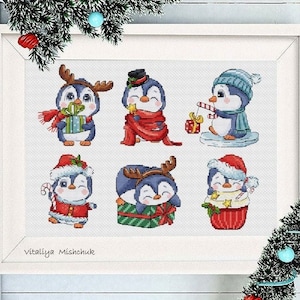 Weihnachten Kreuzstich Muster Pinguin Kinder Karten Tier Kleines Ornament Set Dekoration X-mas Diagramm Nadelspitze PDF Sofort Download
