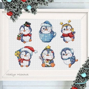 Pinguino Schema punto croce Cartoline di Natale Baby Animal Piccolo set di ornamenti invernali Decorazione per bambini Grafico di Natale Vacanze PDF Download istantaneo
