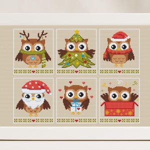 Schema punto croce gufo di Natale, uccellini di Natale, animali primitivi facili, set di 6 decorazioni invernali per principianti, download istantaneo