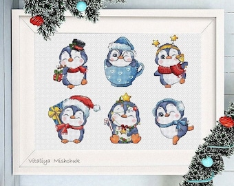 Patrón de punto de cruz de pingüino, tarjetas navideñas, juego de adornos de invierno pequeños de animales para bebés, decoración infantil, gráfico navideño, descarga instantánea en PDF