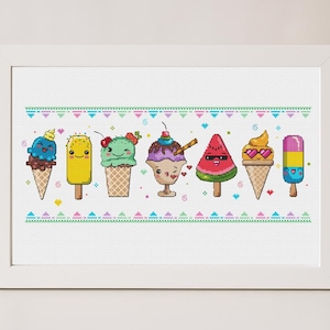 Ice Cream Cross Stitch Pattern PDF Kawaii Summer Art Funny Cute Sweets Dessert Kitchen Colorful  Needlepoint  Printable Instant Download