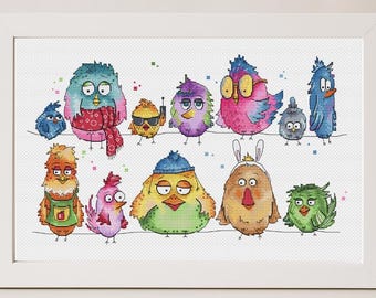 Vögel Kreuzstichmuster, Aquarell Vögel Kreuzstich, Regenbogen Kreuzstich, lustige Vögel Kreuzstich PDF