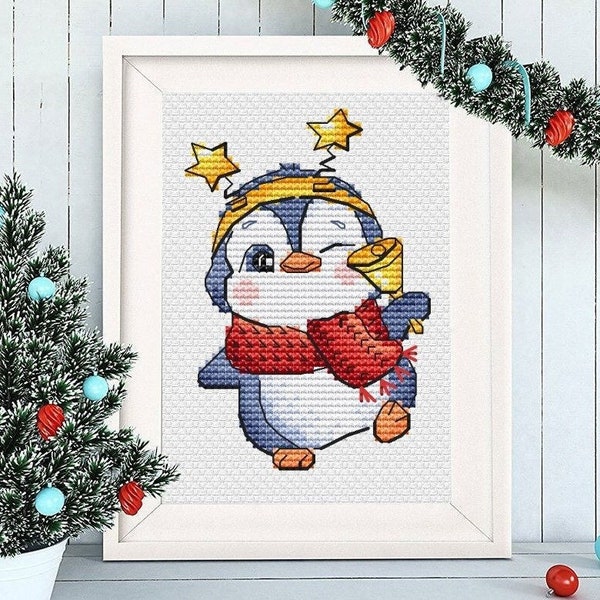 Penguin with Bell Cross Stitch Pattern Christmas Animal Pdf Kids Small Cards Decoration Cute Winter Set Ornament Decoration Instant Download