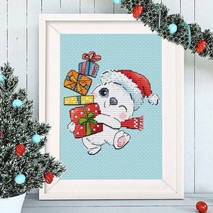 Orso polare di Natale Scheda schema punto croce Ornamenti per animali per neonati Set per bambini piccoli Babbo Natale Decorazione per albero Natale Inverno PDF Download istantaneo