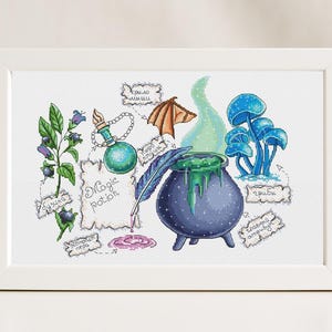 May include: A cross-stitch pattern featuring a blue cauldron with a green liquid inside, surrounded by various ingredients, including a blue bottle, a feather, and a blue mushroom. The text "Magic Potion" is written in a banner above the cauldron.