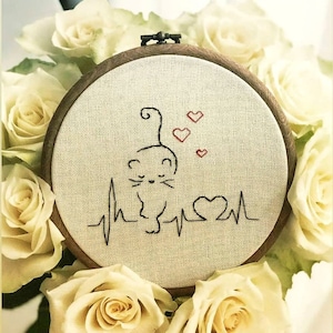 Peut inclure: Un cerceau de broderie blanc avec un motif brodé noir d'un chat avec une ligne de battement de cœur et trois petits cœurs. Le cerceau est entouré de roses blanches.