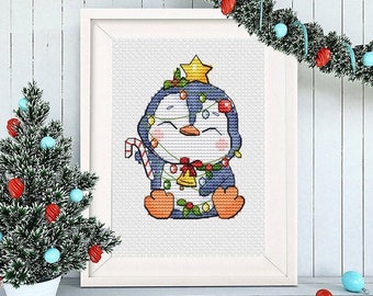 Christmas Penguin Cross Stitch Pattern Pdf Kids Small Cards Garland Decoration Cute Winter Little Set Ornament Needlepoint Instant Download