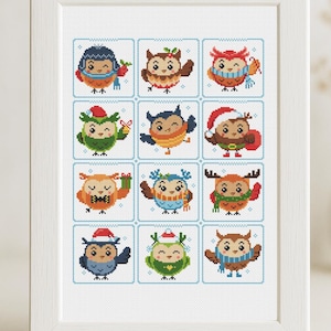 Weihnachts Eulen Kreuzstich Muster Vögel klein Mini Tiny Easy Primitive Tiere einfach Kinder Set Ornament Anfänger niedlich Sofort Download PDF