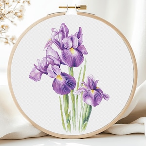 Bloemen kruissteekpatronen irissen bloemen paars x-steek borduurpatroon borduurmotief afdrukbare pdf direct downloaden