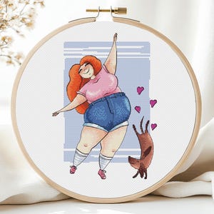 Patrón de punto de cruz para mujer, fitness, yoga, deporte, chica, PDF, perro salchicha, gracioso, lindo, pelirrojo, conjunto, gráfico, bordado, imprimible, descarga instantánea