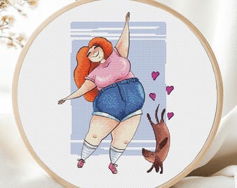 Woman Cross Stitch Pattern Fitness Yoga Sport Girl PDF Dachshund Funny Dog Cute Red haired Set Chart Needlepoint Printable Instant Download