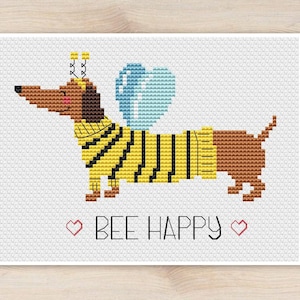 Dachshund Cross Stitch Pattern Small Dog Bee Easy Happy Animal Beginner Cute Funny Simple Modern Counted Chart Printable Instant Download