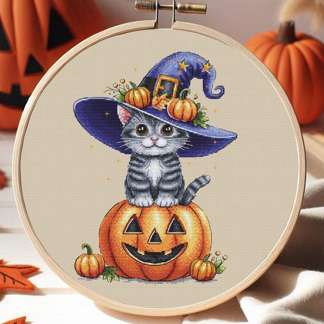 Halloween Cat Cross Stitch Pattern Pumpkins Fall Autumn Black Cat Happy ...