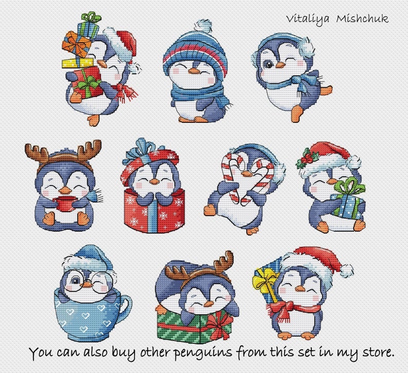 Christmas Animal Cross Stitch Pattern Pdf Penguin Small Cards Etsy
