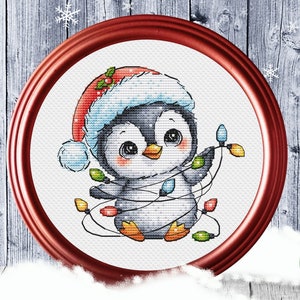 Christmas Penguin Cross Stitch Pattern Pdf Animal Ornament Santa Xmas Scene Cute Child Kids Funny Wimter Garland Decoration Instant Download
