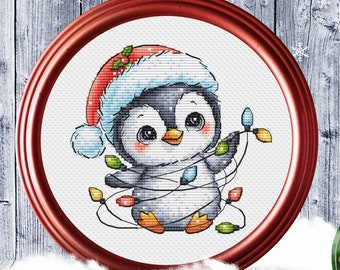 Christmas Penguin Cross Stitch Pattern Pdf Animal Ornament Santa Xmas Scene Cute Child Kids Funny Wimter Garland Decoration Instant Download