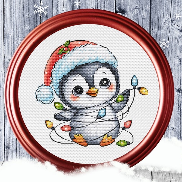 Christmas Penguin Cross Stitch Pattern Pdf Animal Ornament Santa Xmas Scene Cute Child Kids Funny Wimter Garland Decoration Instant Download