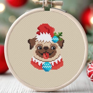 クリスマス パグ クロスステッチ パターン クリスマス 犬 カード 小さなミニ 簡単 動物 初心者向け シンプルなペット 数え装飾 即時ダウンロード