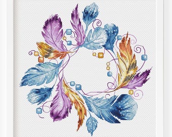 Couronne de plumes, point de croix, motif rond, aquarelle, art coloré, point de croix, PDF imprimable, téléchargement immédiat, art déco
