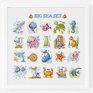 Motif de point de croix vie marine PDF petit ensemble de mini-cartes animaux mignons pour enfants enfants été moderne poisson pépinière broderie téléchargement immédiat