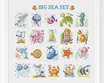 Sea Life Cross Stitch Pattern PDF Cute Baby Animal Mini Card Small Set For Kids Boy Children Summer Fish Nursery  Instant Download