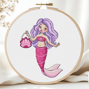 Mermaid Cross Stitch Pattern PDF for Girl Room Baby Princess Children Nursery Ariel Sea Life Modern Purle Needlepoint  Instant Download