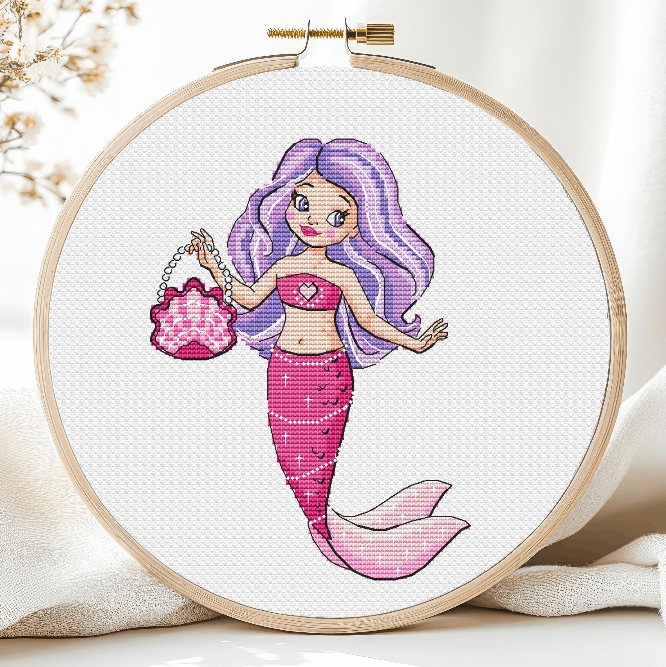 Mermaid Cross Stitch Pattern PDF for Girl Room Baby Princess Children Nursery Ariel Sea Life Modern Purle Needlepoint  Instant Download