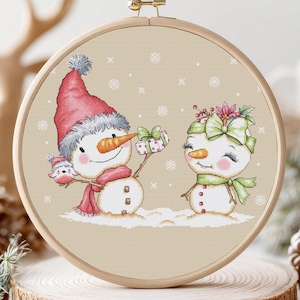 Christmas Snowman Cross Stitch Pattern Winter Snow Holiday Xmas Scene Santa Counted Cute Art Needlepoint Printable PDF Instant Download