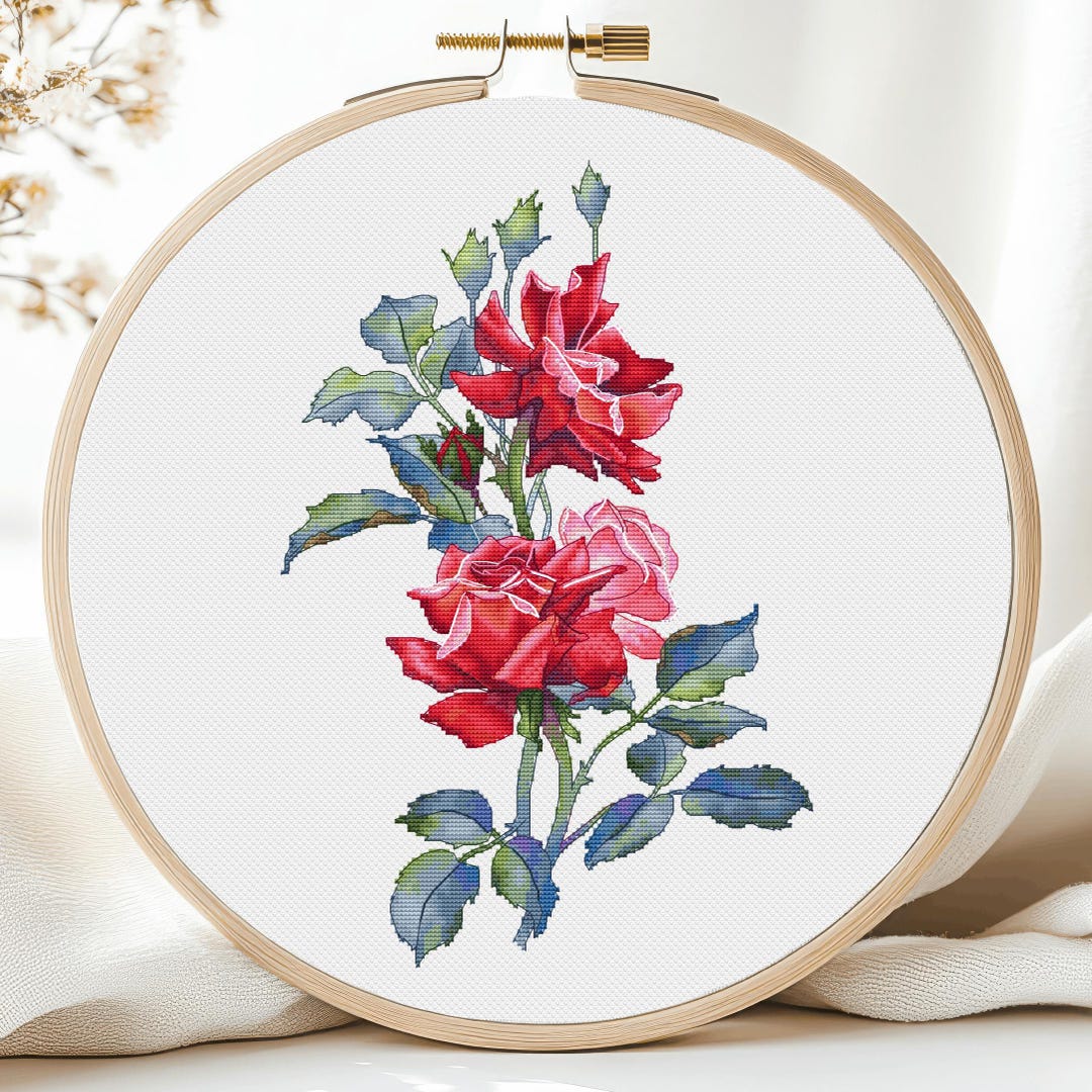Rose Cross Stitch Pattern PDF Garden Flowers Bouquet Red Roses Floral ...