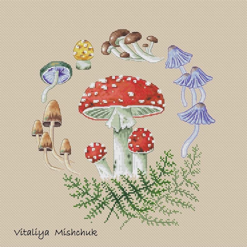 Mushrooms Cross Stitch Patterns Autumn Fall Toadstool Fly agaric Round Pillow Wreath Counted Needlepoint Printable PDF Instant Download image 2