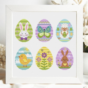 Schemi punto croce per uova di Pasqua, ornamenti coniglietto, set da 6 per bambini, asili nido, vacanze primaverili, semplici, per principianti, felici, PDF, download immediato