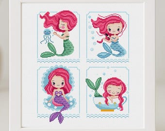 Padrão de ponto cruz de sereia para bebê menina princesa conjunto fácil simples conto de fadas Ariel para quarto infantil oceano mar arte para impressão PDF download instantâneo