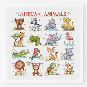 May include: A framed cross-stitch featuring various African animals, including a zebra, giraffe, lion, and elephant. The text "AFRICAN ANIMALS" is stitched across the top. The animals are depicted in a colorful, cartoon style.