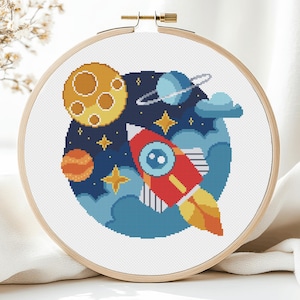 Space Cross Stitch Pattern Planets Galaxy Rocket Baby Boy Kids Child Modern Easy Simple Sky Stars Solar System Art PDF Instant Download