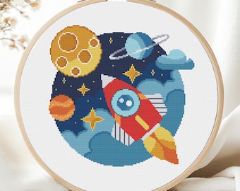 Space Cross Stitch Pattern Planets Galaxy Rocket Baby Boy Kids Child Modern Easy Simple Sky Stars Solar System Art PDF Instant Download