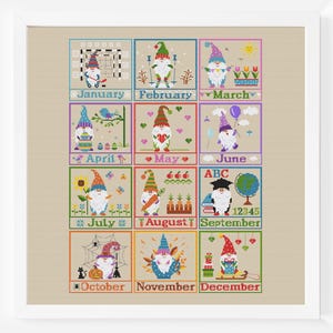 Month Gnome Cross Stitch Pattern PDF Calendar Season Easy Simple Primitive Spring Summer Winter Autumn Sampler Easter Halloween Set Small