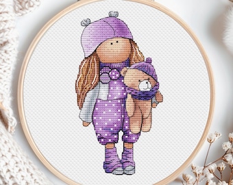 Tilda Doll Cross Stitch Pattern Teddy For Baby Girl Kisd Child Room Nursery Toys Teddy Bear Art Counted Chart Printable PDF Instant Download