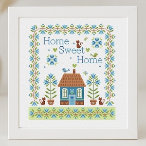 Home Sweet Home Cross Stitch Pattern PDF House Sampler Primitive Spring Easy Cottage Flower Easy Cat Village Simple Counted Instant Download