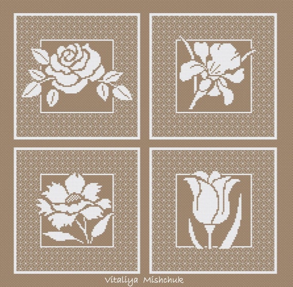 Blackwork Flower Cross Stitch Pattern Garden Ornament Set 4 Easy