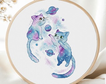 Patrón de punto de cruz de gatos galácticos, gatos espaciales, bricolaje, gráfico de decoración de punto X, patrón de bordado, gráfico imprimible en PDF, descarga instantánea