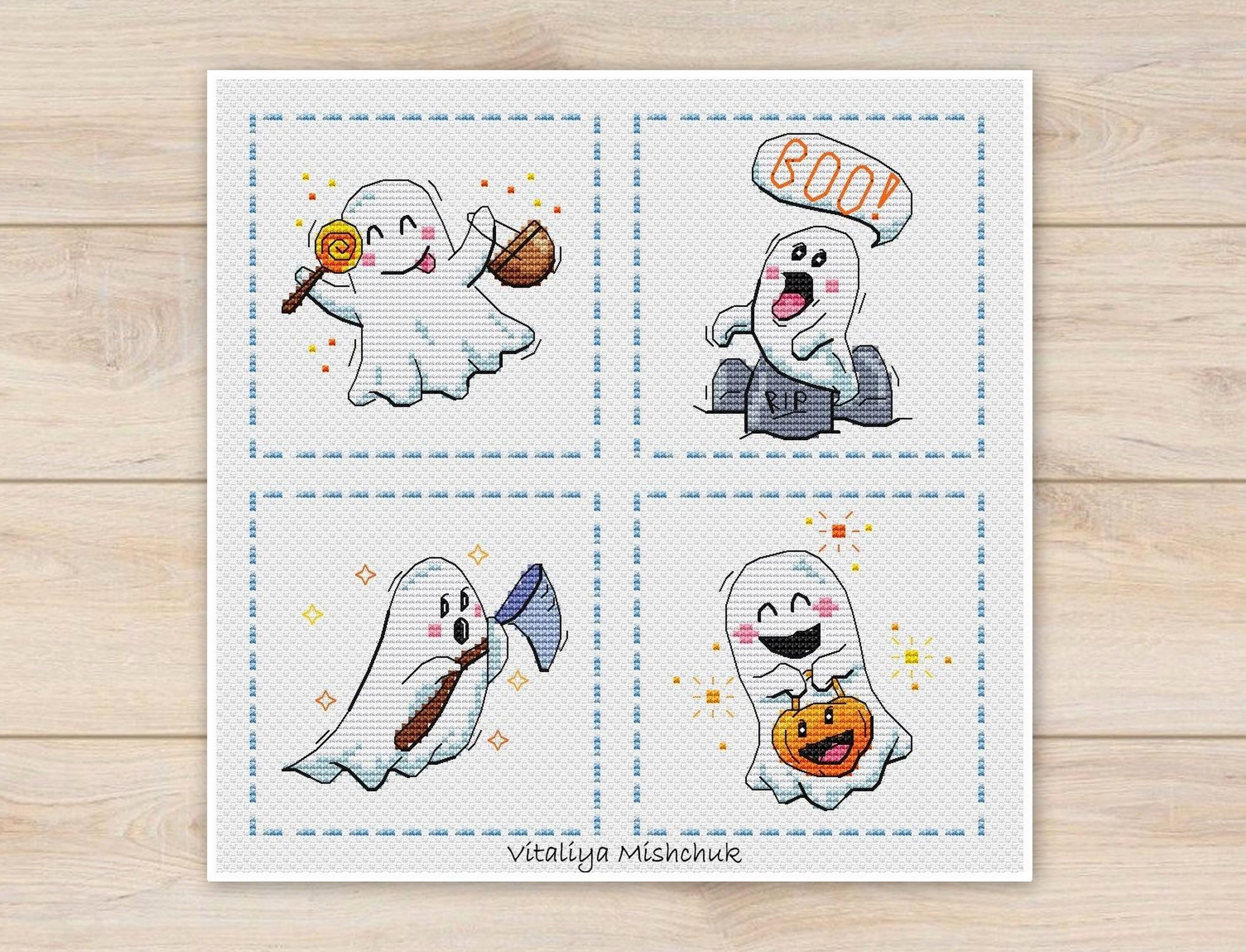 Halloween Cross Stitch Pattern PDF Ghost Set of 4 Spooky Happy - Etsy