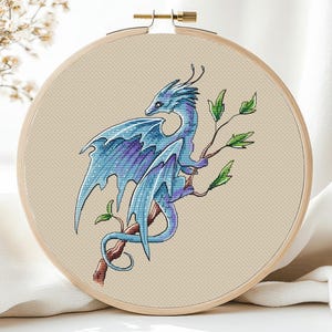 Dragon Cross Stitch Pattern PDF, Purle Dragon Cute Blue Dragon on a branch Spring Instant Download Art Pdf Saga Counted  A magical creature