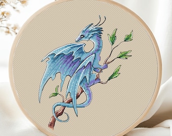 Dragon Cross Stitch Pattern PDF, Purle Dragon Cute Blue Dragon on a branch Spring Instant Download Art Pdf Saga Counted  A magical creature