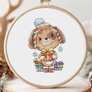 クリスマス動物クロスステッチパターンクリスマス犬カラフルなアートステッチDIY Xステッチチャートニードルポイント刺繍PDF即時ダウンロード