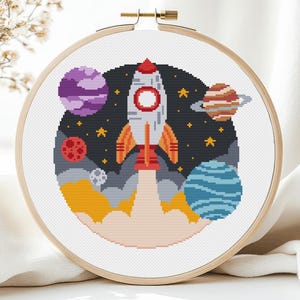 Space Cross Stitch Pattern Planets Galaxy Rocket Baby Boy Modern Easy Simple Sky Stars Solar System Colorful Art  PDF Instant Download