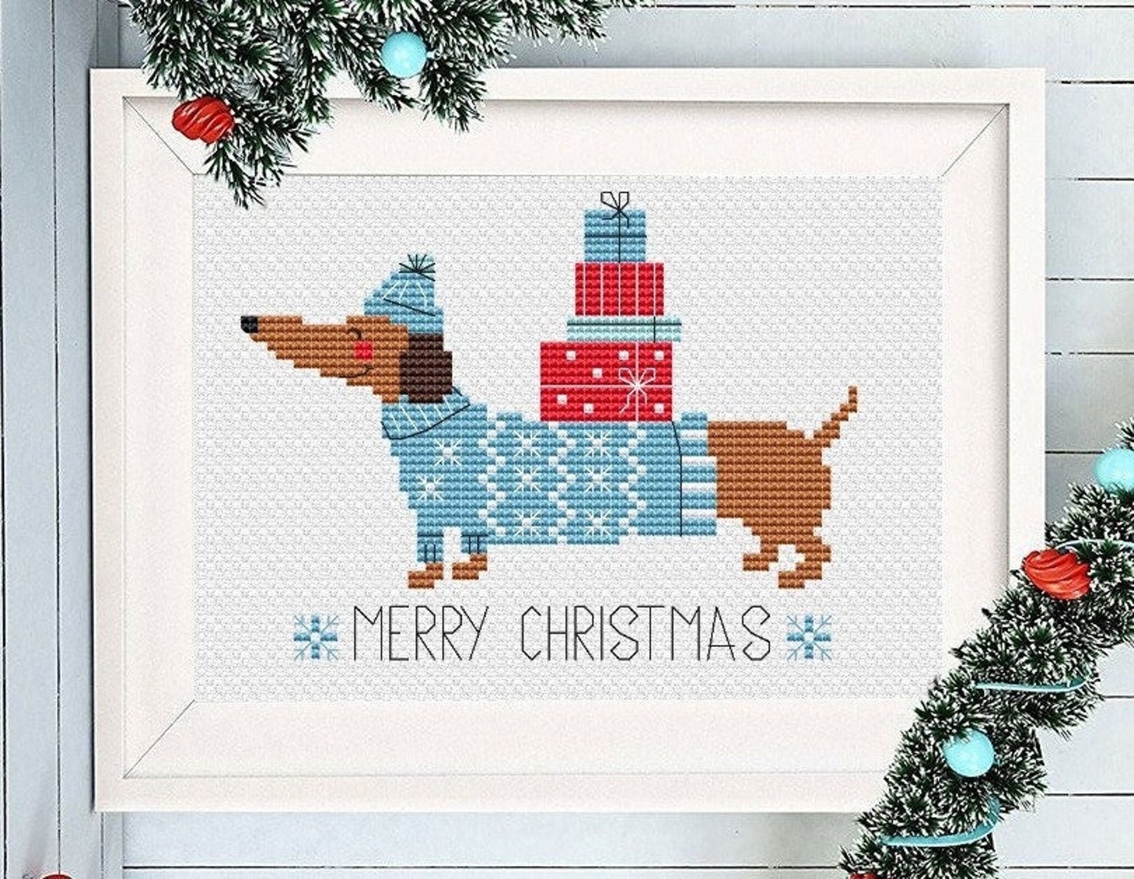 Christmas Dog Cross Stitch Pattern Dachshund Small Easy Merry Etsy