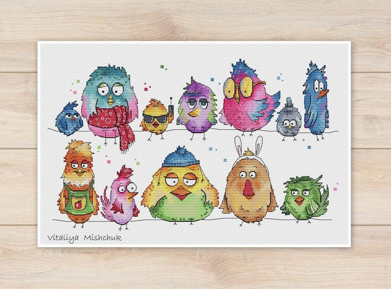 Birds Cross Stitch Pattern, Watercolor Birds Cross Stitch, Rainbow Cross Stitch, Funny Birds Cross Stitch PDF image 1